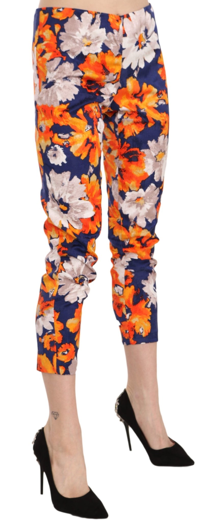LANACAPRINA Blue Floral Print Skinny Slim Fit Trousers Pants - Fizigo