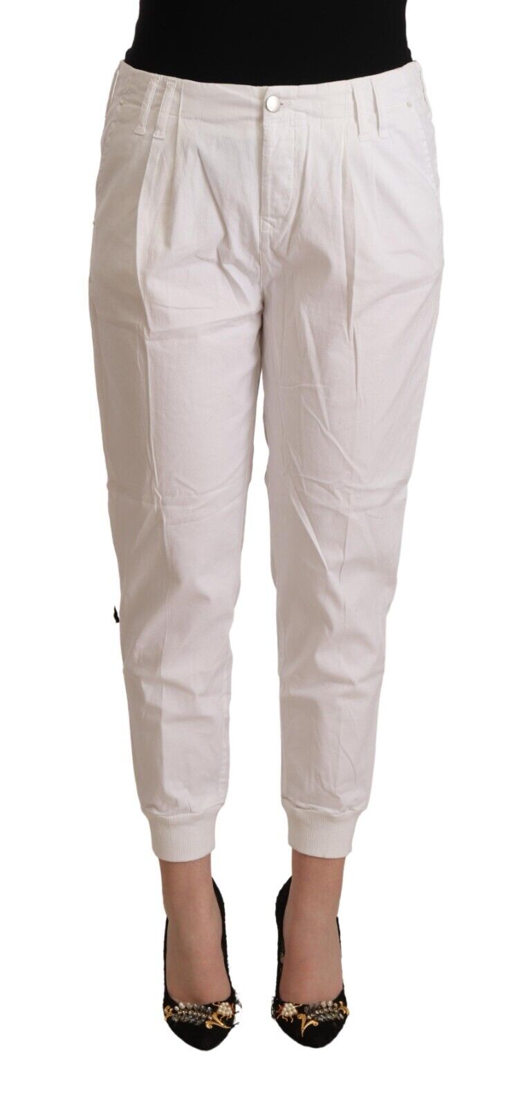 Met White Cotton Mid Waist Tapered Cropped Pants - Fizigo