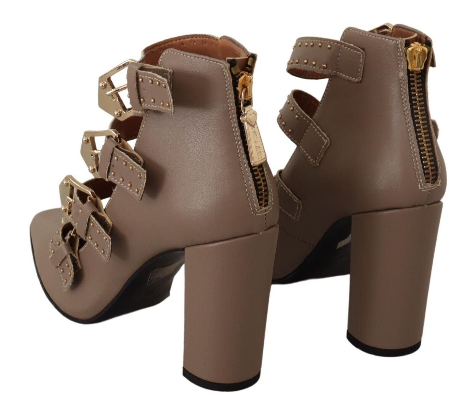 MY TWIN Brown Leather Block Heels Multi Buckle Pumps Shoes - Fizigo
