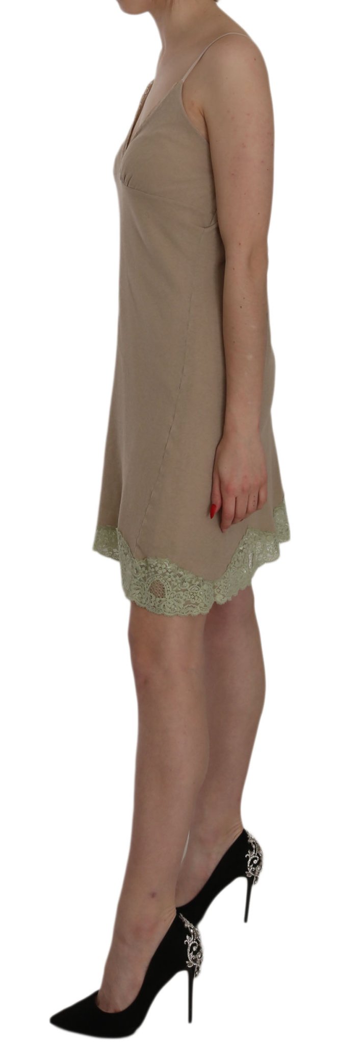 PINK MEMORIES Beige Lace Spaghetti Strap Mini Cotton Dress - Fizigo