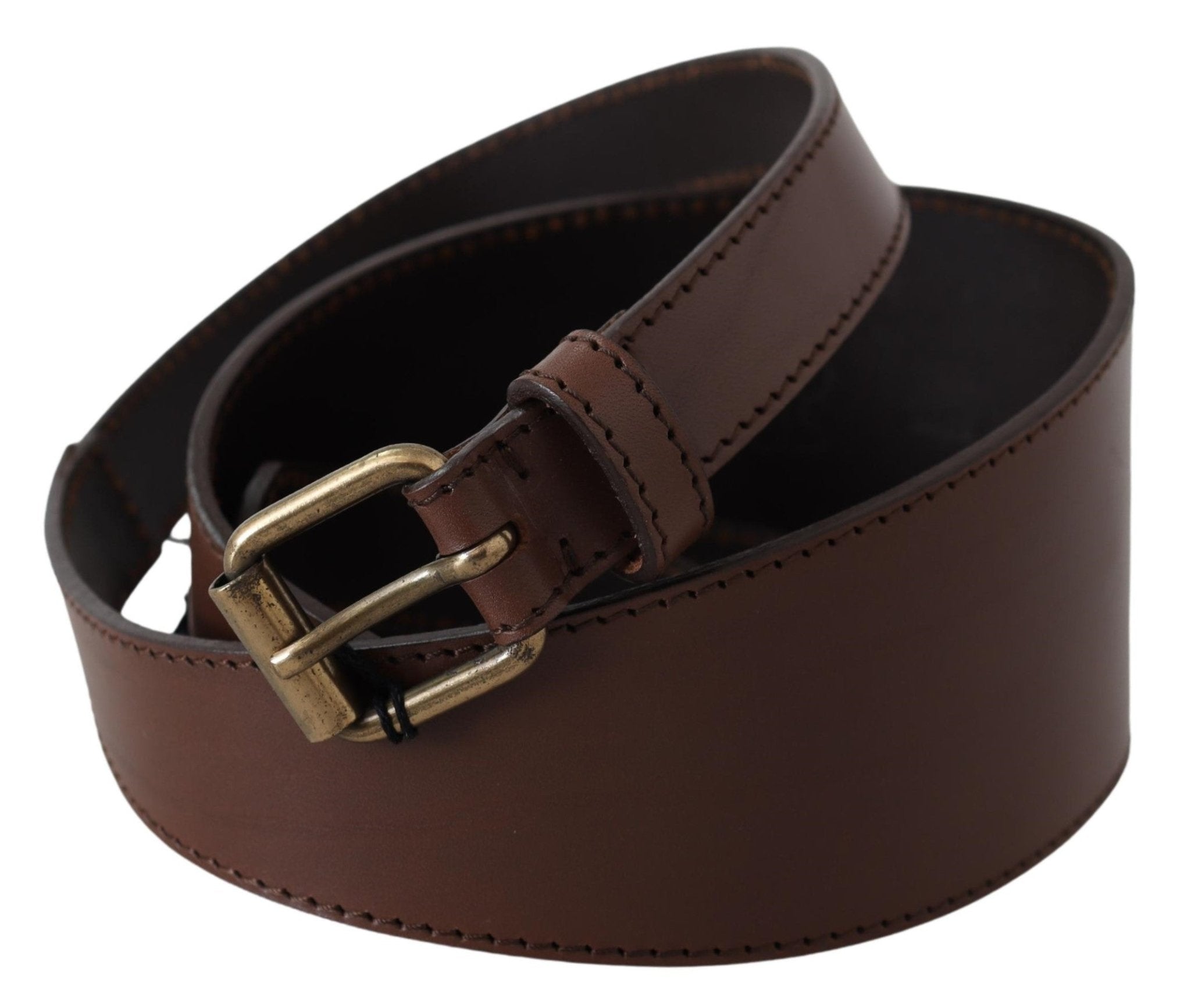 PLEIN SUD Brown Leather Gold Metal Buckle Belt - Fizigo